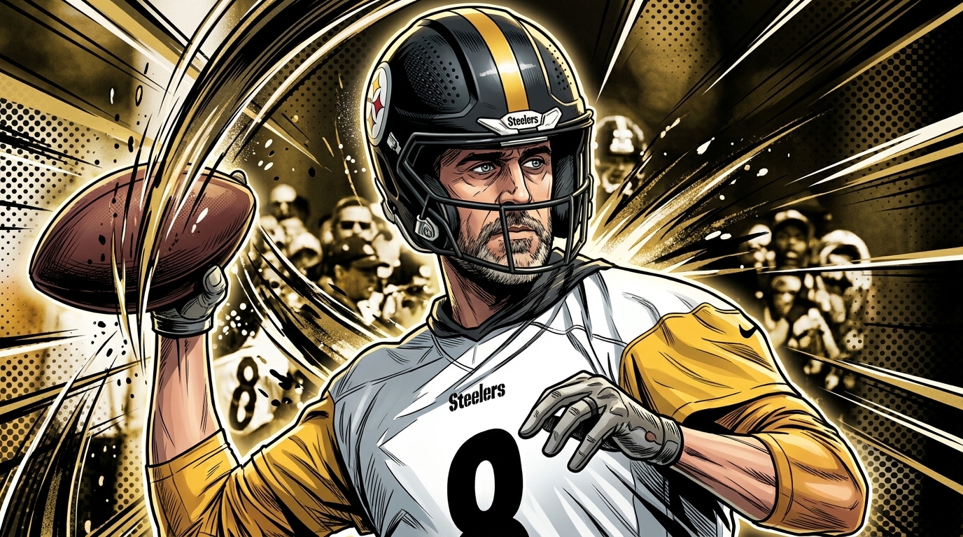 Comic-style illustration of Aaron Rodgers in his Pittsburgh Steelers #8 jersey and helmet, throwing a pass with a gold shockwave effect streaking through the background