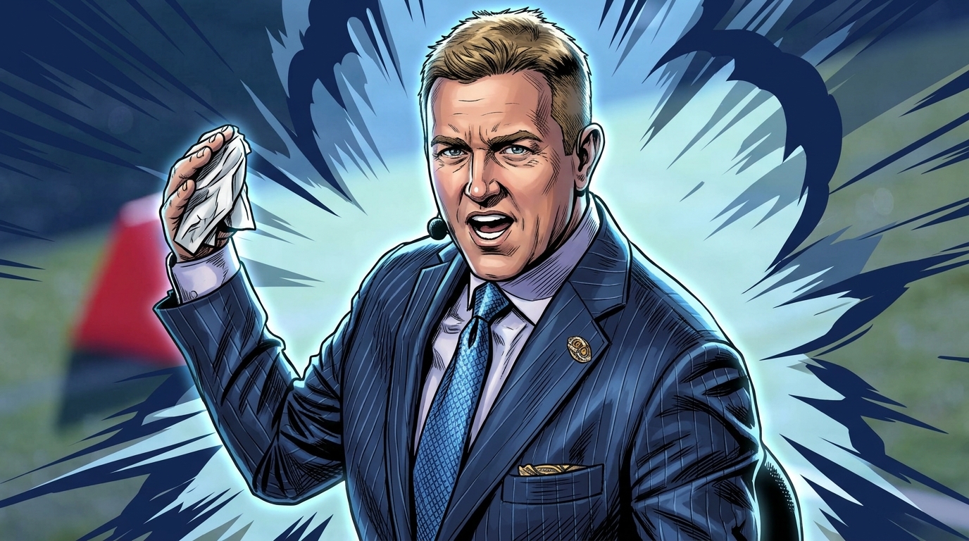 Comic-style illustrated portrait of ESPN analyst Kirk Herbstreit in a navy pinstripe suit on the sideline, gesturing with a towel in hand, shockwave effect background