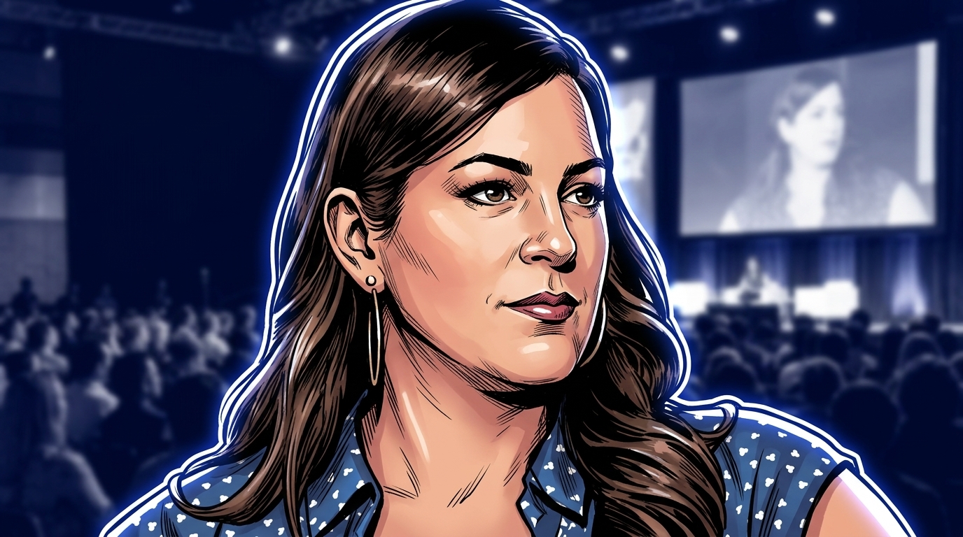 Comic-style illustrated portrait of Sarah Spain in a navy blue polka-dot blouse at an ESPN women's-sports event, neon rim glow effect, blurred conference crowd and stage screen in the background