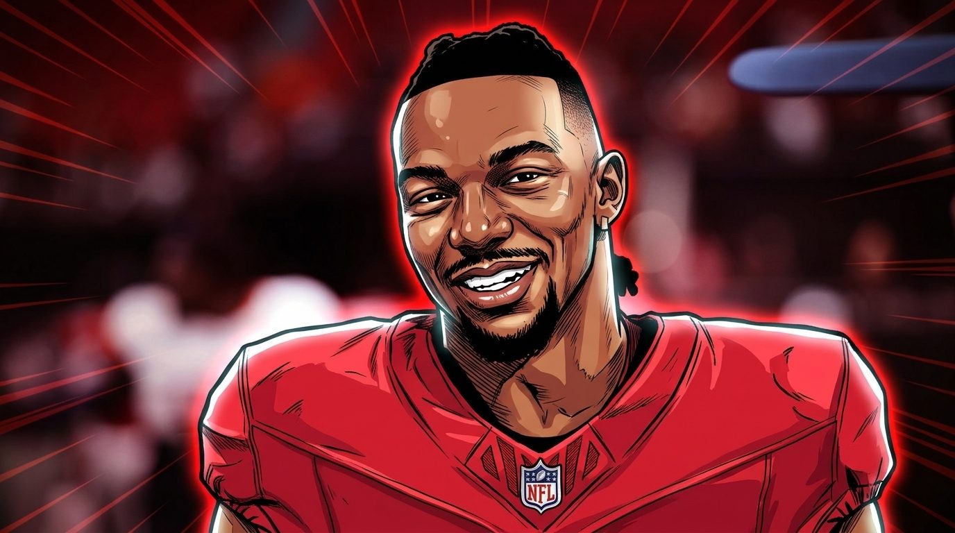 Comic-style illustration of Atlanta Falcons running back Bijan Robinson in a red home jersey with a red neon glow, used as a representative team visual