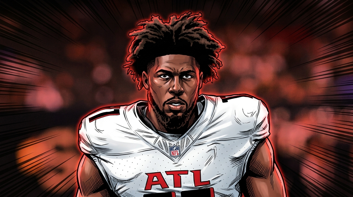 Jalon Walker in comic book illustration style, white Atlanta Falcons away jersey number 11, shockwave speed-line effect