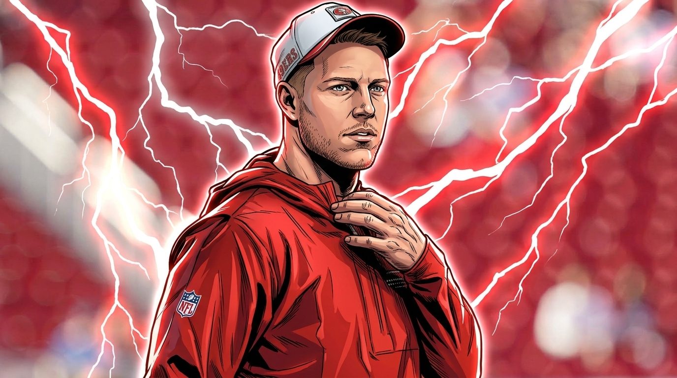 Comic-book styled illustration of Christian McCaffrey in a red 49ers pullover and cap with red lightning bolts behind him