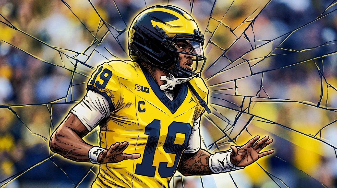 Comic-style illustrated portrait of Michigan Wolverines quarterback Bryce Underwood in his maize No. 19 jersey and winged helmet, cel-shaded with a shattered-glass effect radiating behind him and a blurred stadium crowd in the background.