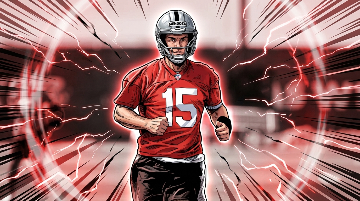 Comic-style illustration of Fernando Mendoza in a Las Vegas Raiders jersey, red-tinted shockwave energy effect radiating around him