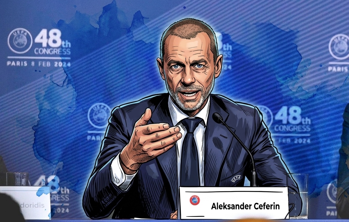 Comic-style illustration of UEFA president Aleksander Ceferin in a navy suit with UEFA pin, blue ink-wash effect, photographic stadium background
