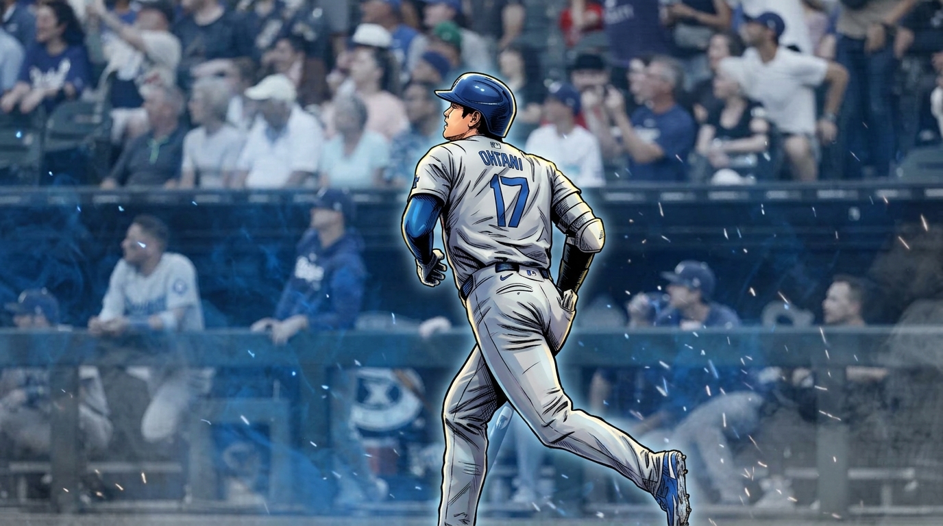Comic-style ink-wash illustration of Shohei Ohtani running the bases in a Dodgers road jersey with blue smoke and spark effects