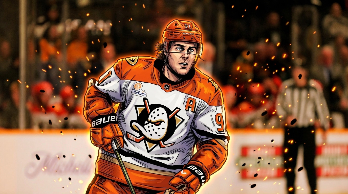 Leo Carlsson of the Anaheim Ducks in comic book style with particle field embers effect