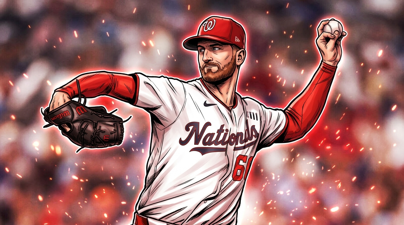 Comic book illustration of Foster Griffin mid-windup in a white Washington Nationals home jersey with red trim, red particle and floating ember effect on the stadium crowd background
