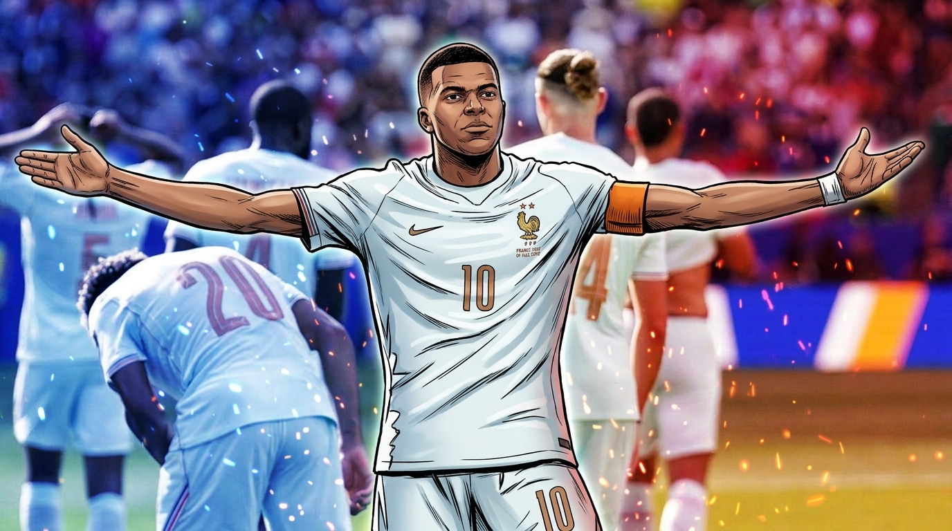 Kylian Mbappé in French national team jersey illustrated in comic book style celebrating with particle field effects