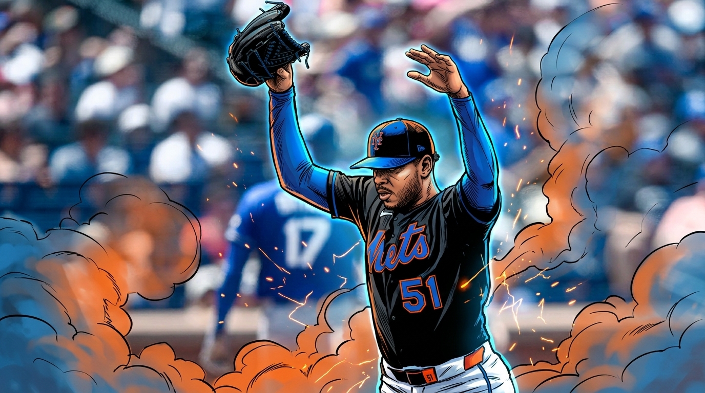 Comic-style illustration of Freddy Peralta in a New York Mets jersey reacting near the mound, framed by blue smoke and orange sparks — Swipe Sports