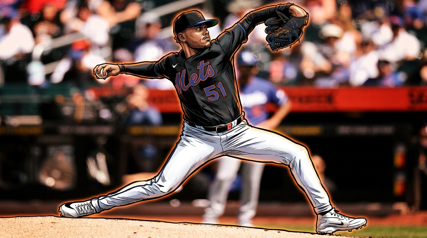 Freddy Peralta, New York Mets, comic-style illustration mid-pitch with neon rim glow effect