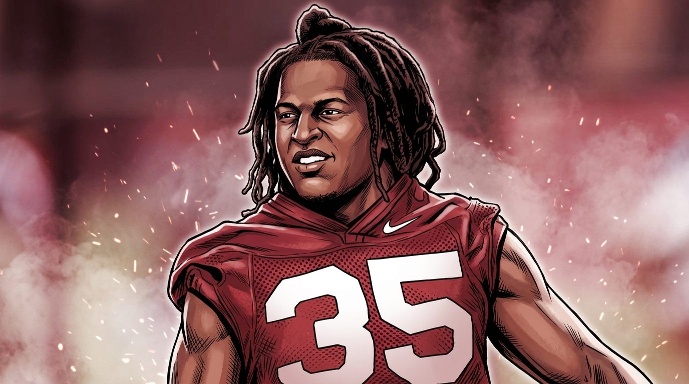 Comic-style illustration of Florida State linebacker Ethan Pritchard in his garnet #35 practice jersey
