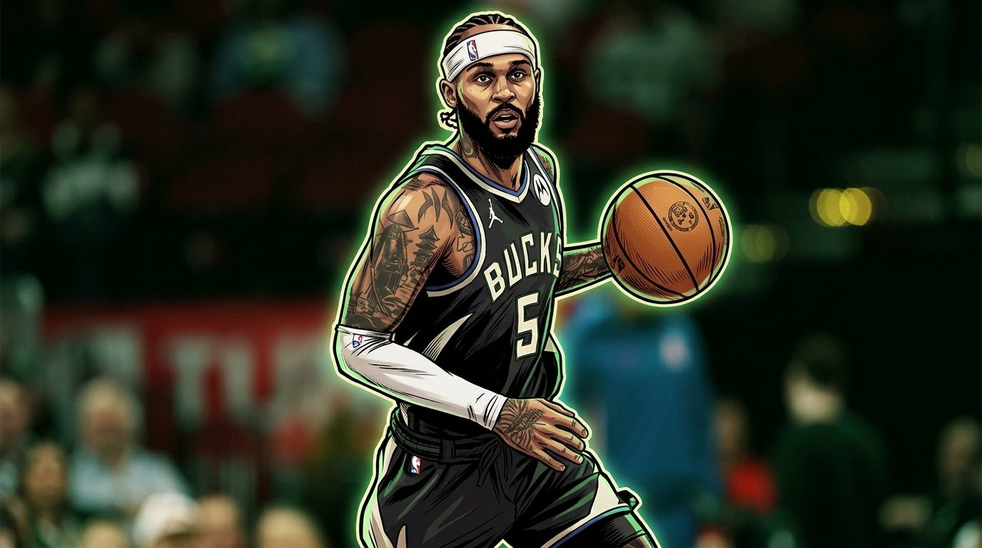 Comic-style illustration of Gary Trent Jr. dribbling in a black Milwaukee Bucks jersey with a neon rim glow effect over a blurred arena background