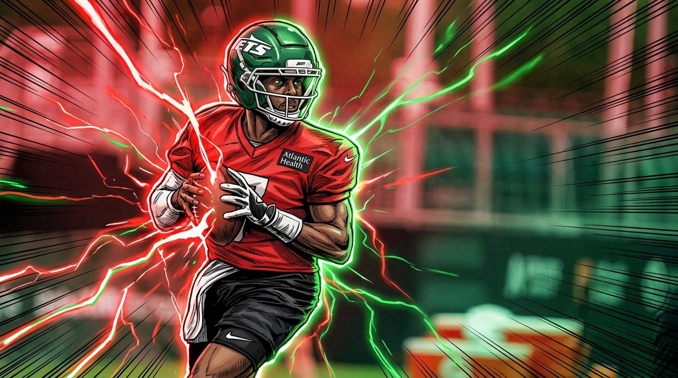 Geno Smith in a red practice jersey and green Jets helmet, comic-book illustration with a red and green shockwave energy effect
