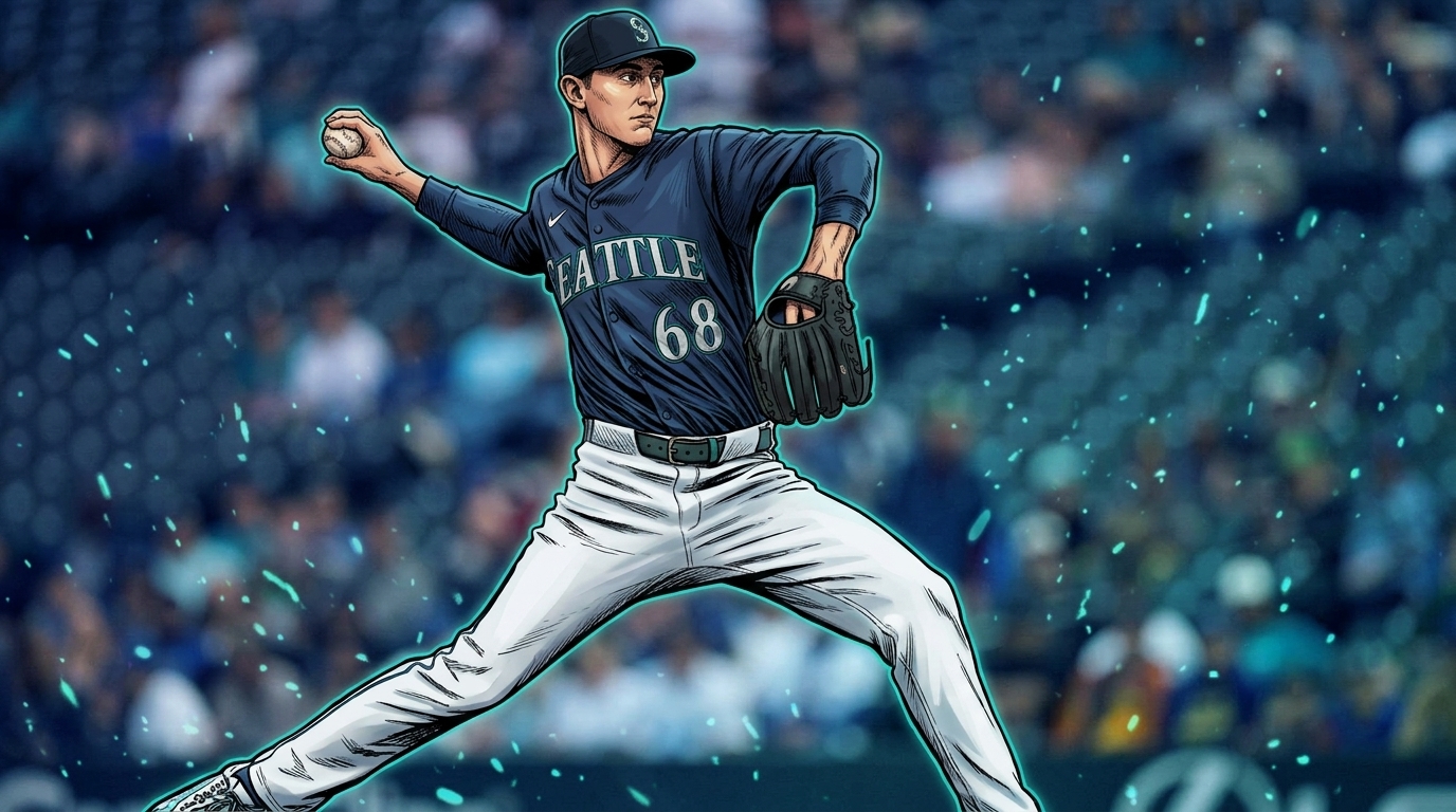 Comic-style rendering of George Kirby mid-pitch in a navy Mariners jersey with a particle field and floating embers effect over a stadium crowd background