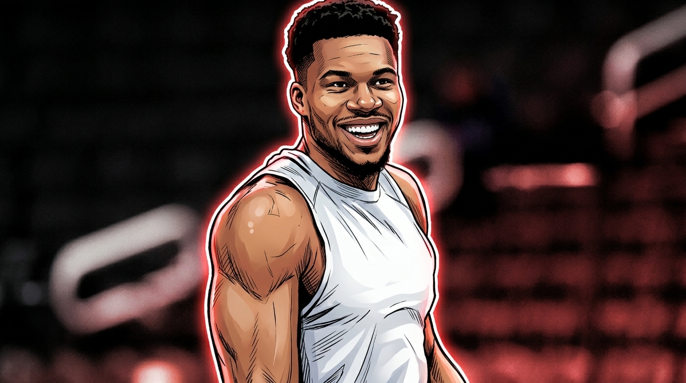 Comic-style illustration of Giannis Antetokounmpo laughing in a white tank top with a red neon rim-glow effect and blurred arena background