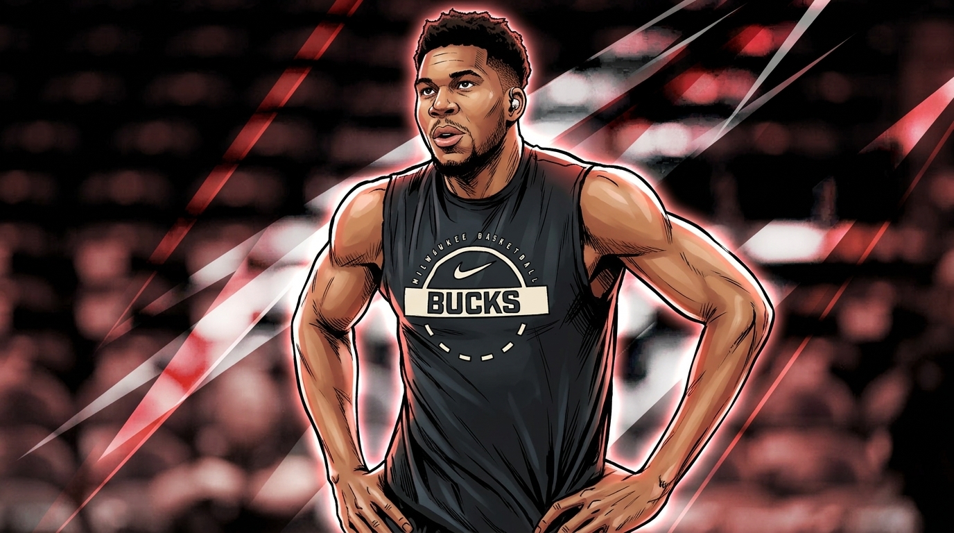 Giannis Antetokounmpo comic-book style illustration with geometric light streaks