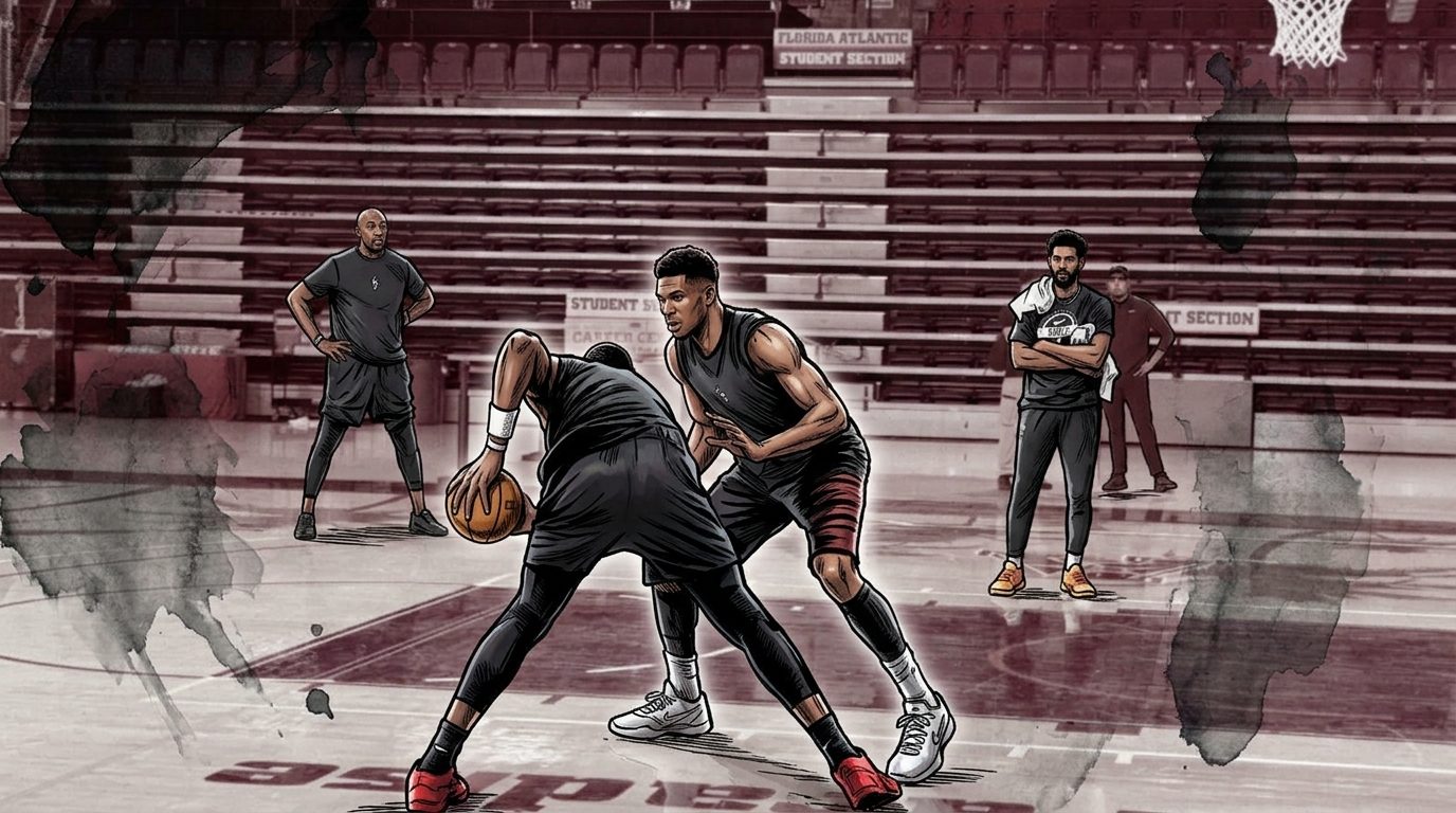 Comic-style illustration of Giannis Antetokounmpo in a defensive stance guarding a teammate during Miami Heat training camp, with the Florida Atlantic practice gym bleachers visible behind him