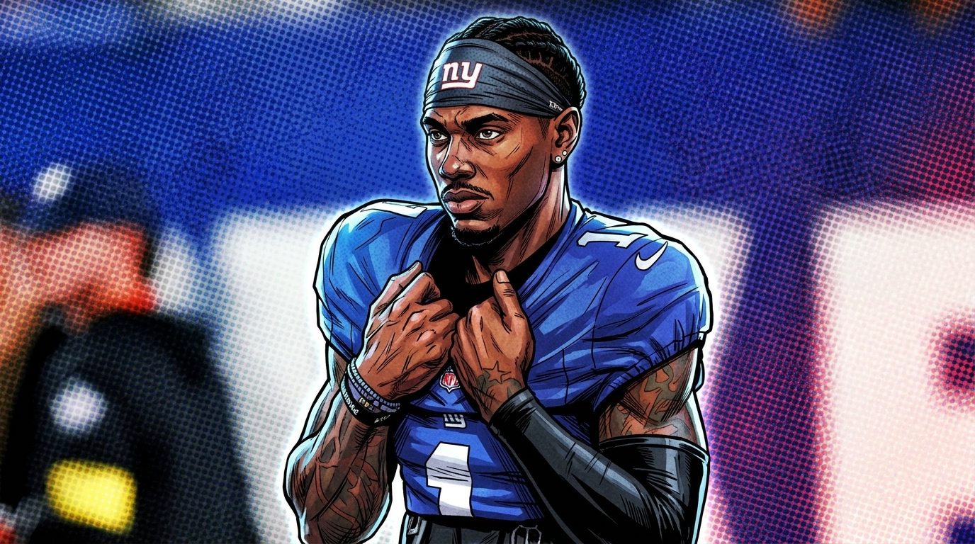 Comic-style illustration of Giants wide receiver Malik Nabers in his blue home jersey and ny-branded headband, calm sideline pose adjusting his jersey collar, blue-red-white halftone dot effect against a color-tinted stadium background