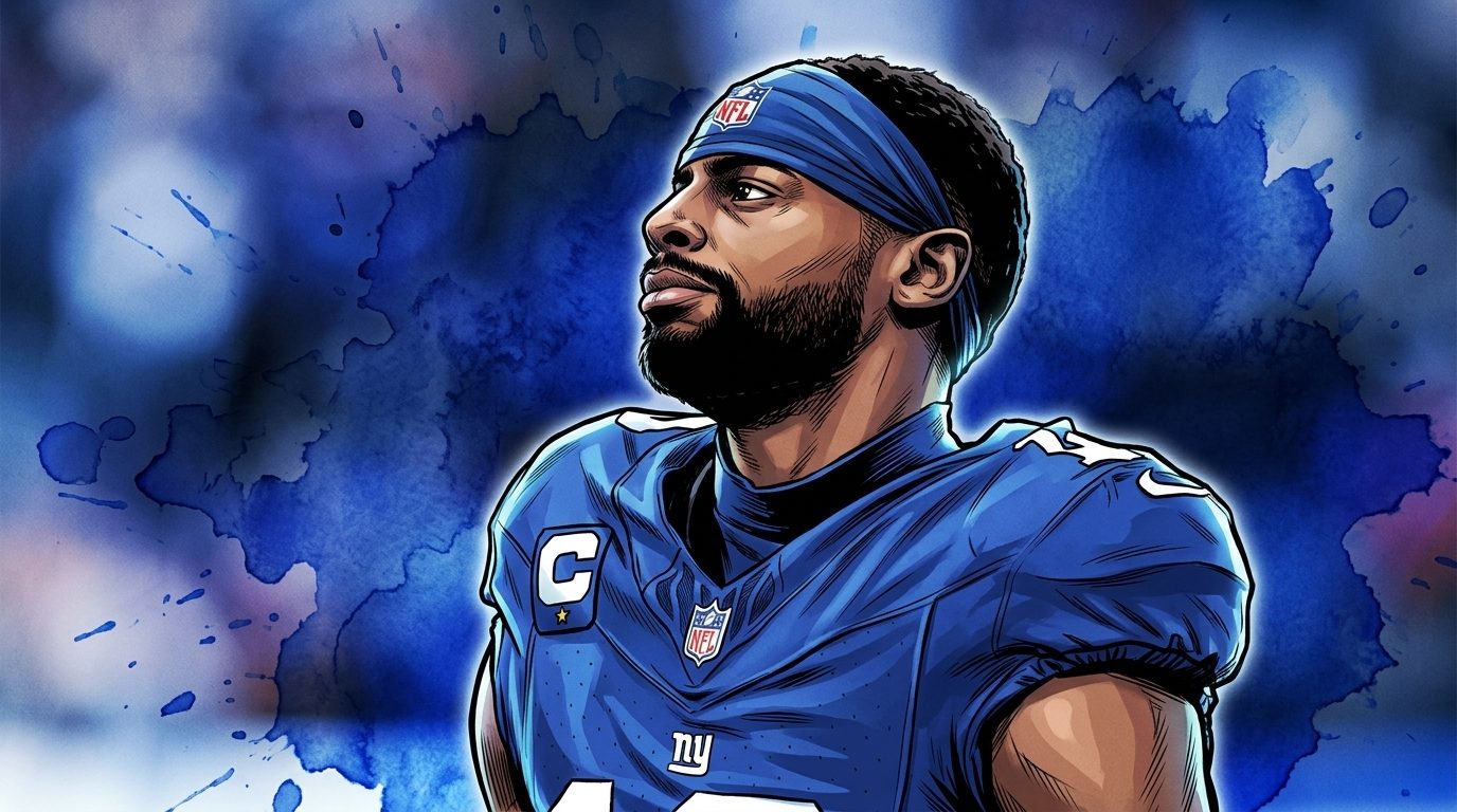 Comic-style illustration of New York Giants wide receiver Darius Slayton in his blue home jersey with captain's C patch and blue headband, ink wash watercolor effect over a blurred stadium crowd background
