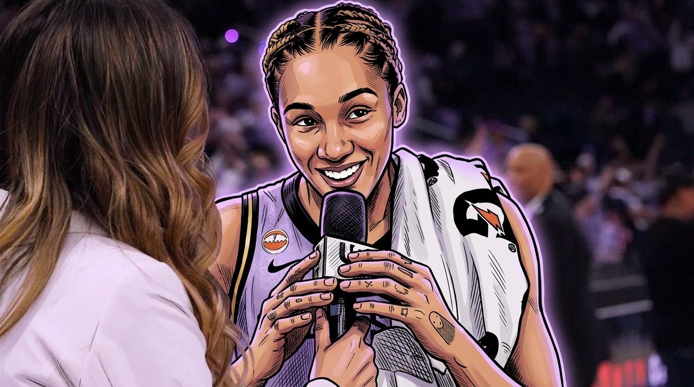 Gabby Williams of the Golden State Valkyries in comic book style, smiling during a postgame interview in her lavender uniform with a towel over her shoulder, outlined by a purple neon rim glow against the blurred arena crowd