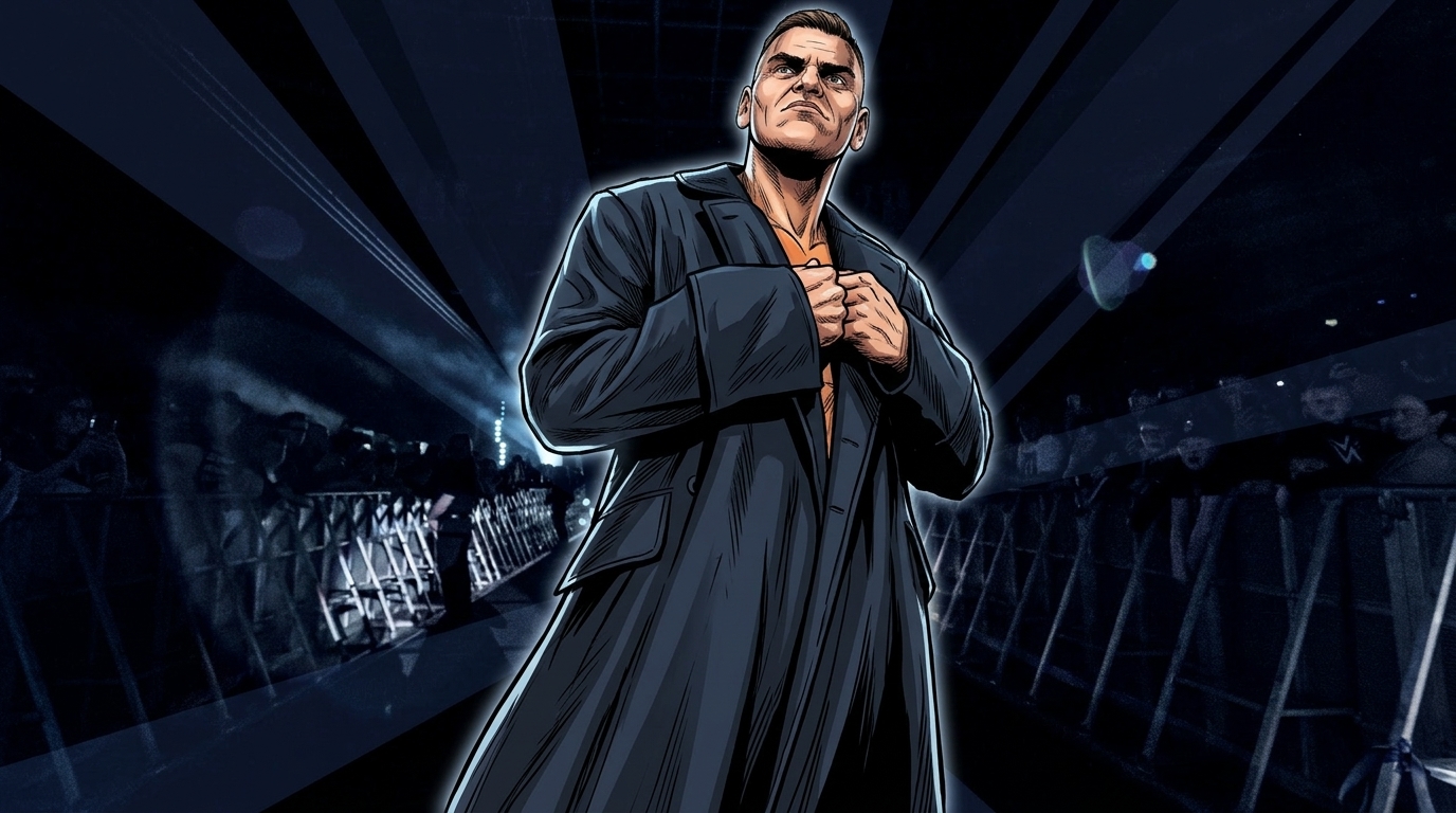 Gunther, comic-style illustration, standing in an arena entrance walkway in a dark robe ahead of his SummerSlam match against Nick Aldis