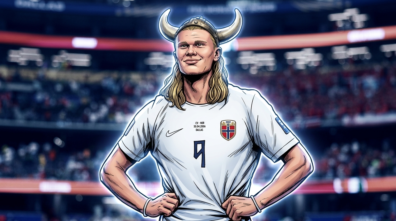 Erling Haaland in Norway white jersey with Viking helmet in comic book illustration style with neon rim glow
