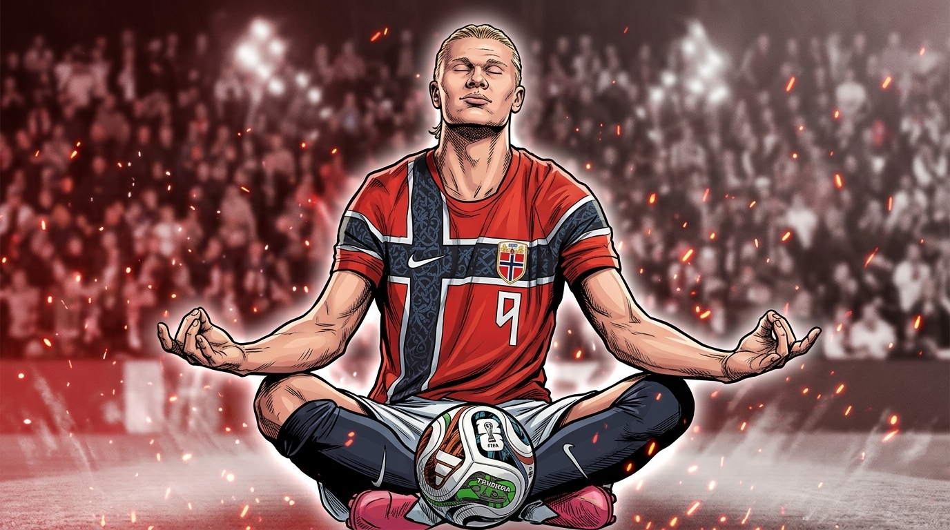 Erling Haaland in Norway jersey in comic book illustration style with particle field and floating embers