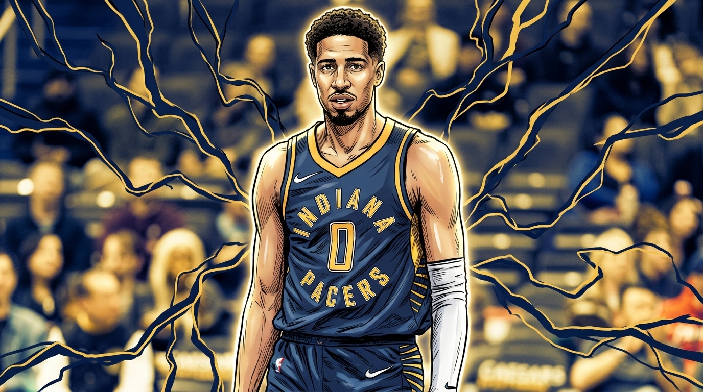Comic-style illustration of Tyrese Haliburton in a navy Indiana Pacers jersey with gold electric-energy bolts radiating through the crowd background