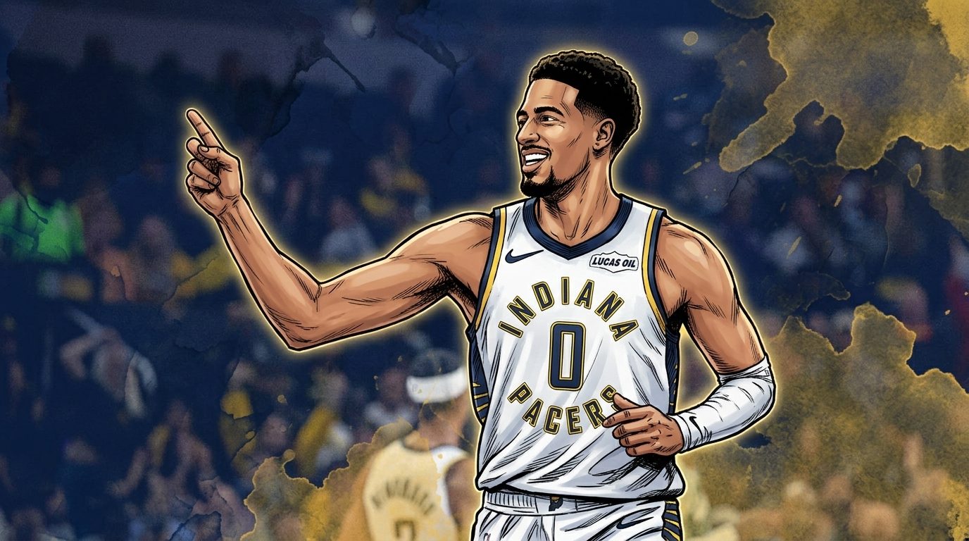 Comic-style illustration of Tyrese Haliburton in an Indiana Pacers jersey, pointing and smiling, with a navy and gold ink-wash effect