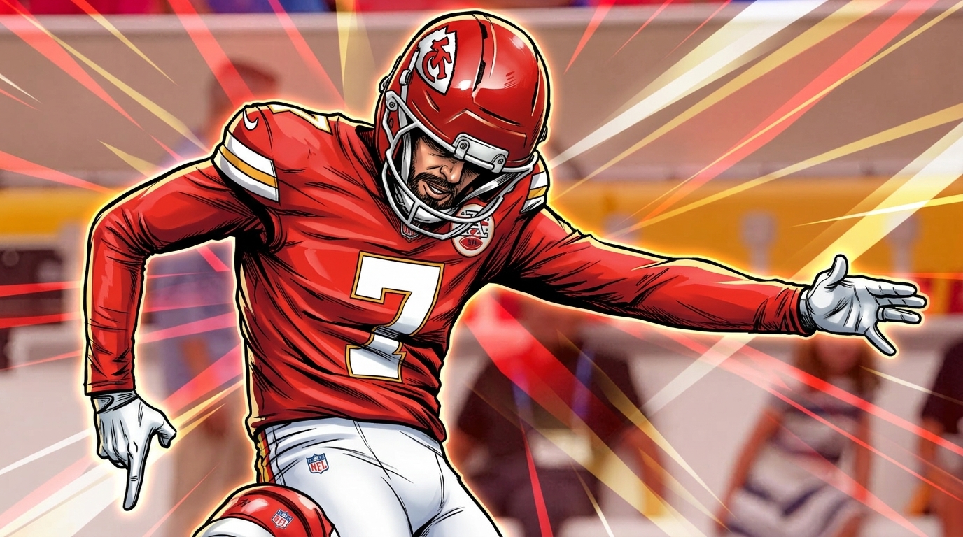 Comic-style illustration of Kansas City Chiefs kicker Harrison Butker (#7) in red home jersey mid-kick follow-through, red and gold geometric light-streak effect over a stadium background — editorial image for coverage of his 69-yard preseason field goal.