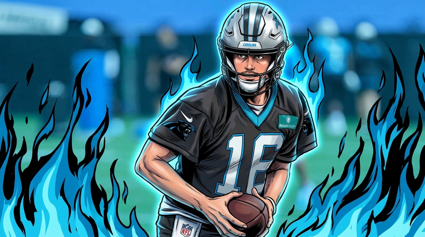 Comic-style illustration of Haynes King in a black Carolina Panthers practice jersey, number 16, holding a football, with a blue and black flame effect over a blurred practice field background