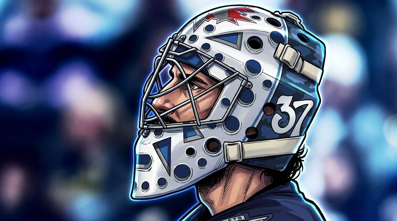 Comic-style illustration of Connor Hellebuyck in his Winnipeg Jets goalie mask, close profile, with a neon rim glow effect against a blurred arena crowd