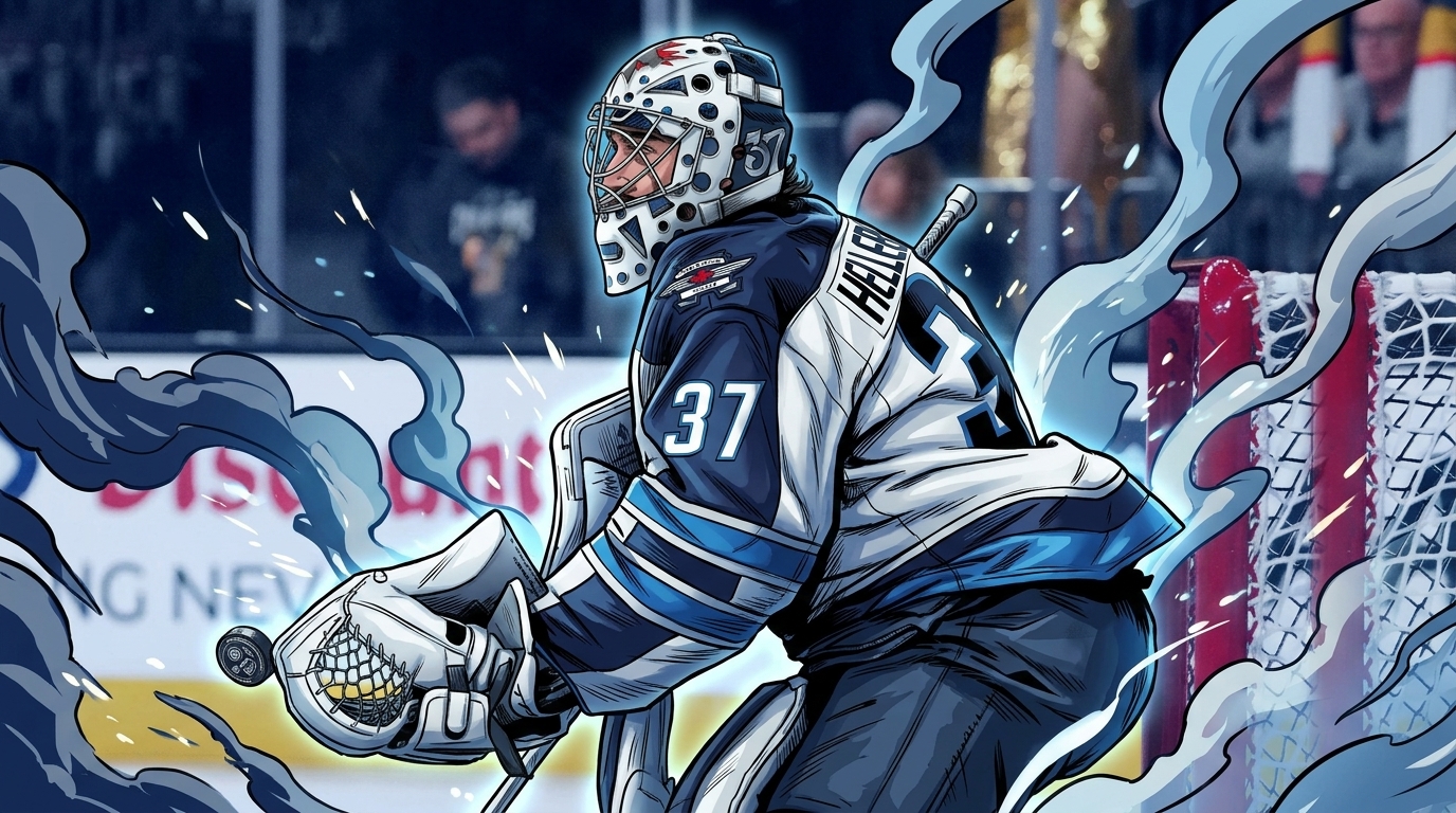 Connor Hellebuyck in Winnipeg Jets goalie gear, comic-style illustration with blue smoke and sparks effect