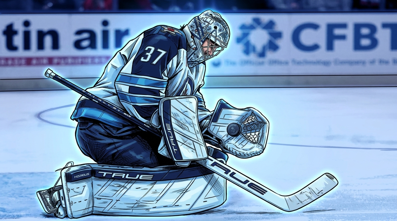 Connor Hellebuyck making a glove save in Winnipeg Jets navy and white, comic-book illustration with neon rim glow effect — Swipe Sports