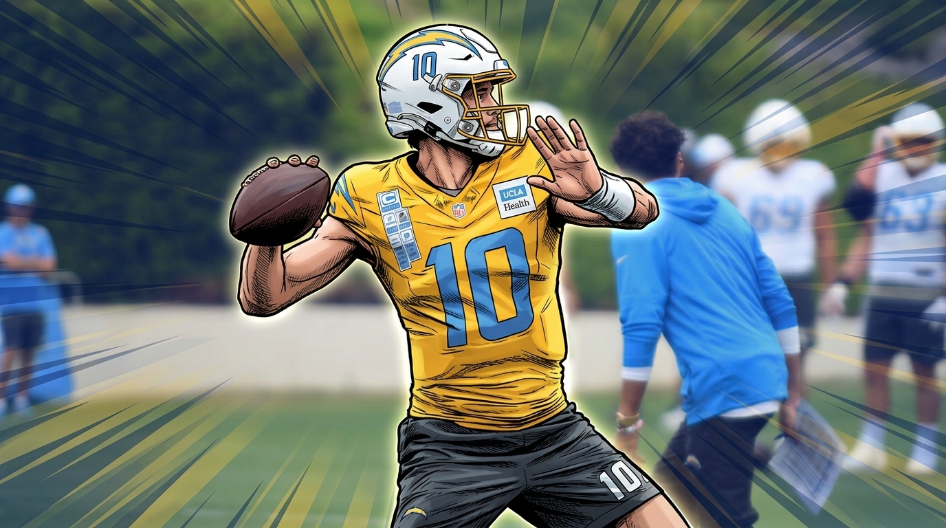 Justin Herbert in Marvel comic book illustration style throwing during Chargers training camp, powder blue and gold #10 jersey, navy and gold shockwave light-streak effect