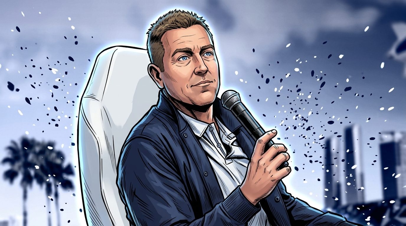 Comic-style illustration of ESPN's Kirk Herbstreit in a navy quarter-zip, seated in a white chair and holding a microphone, blue-tinted outdoor backdrop of palm trees and city towers with dark particle effects drifting through the frame.