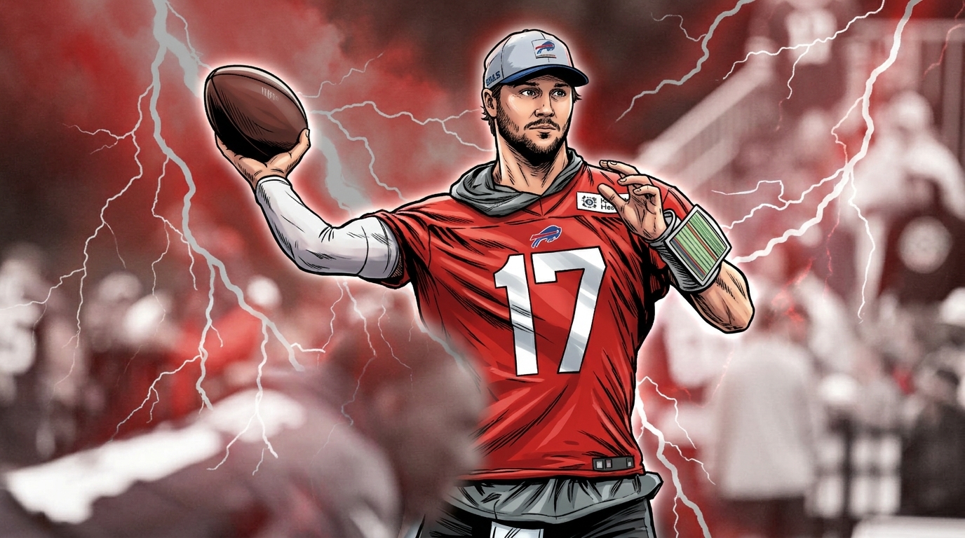 Comic-style illustration of Josh Allen in a red Buffalo Bills practice jersey #17 mid-throw, framed by a storm and lightning effect over a photographic stadium background — Swipe Sports