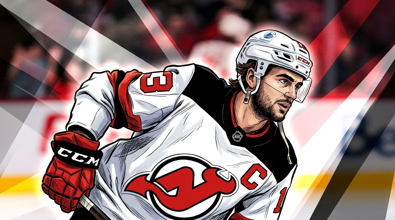 Nico Hischier, New Jersey Devils captain, in comic book style illustration