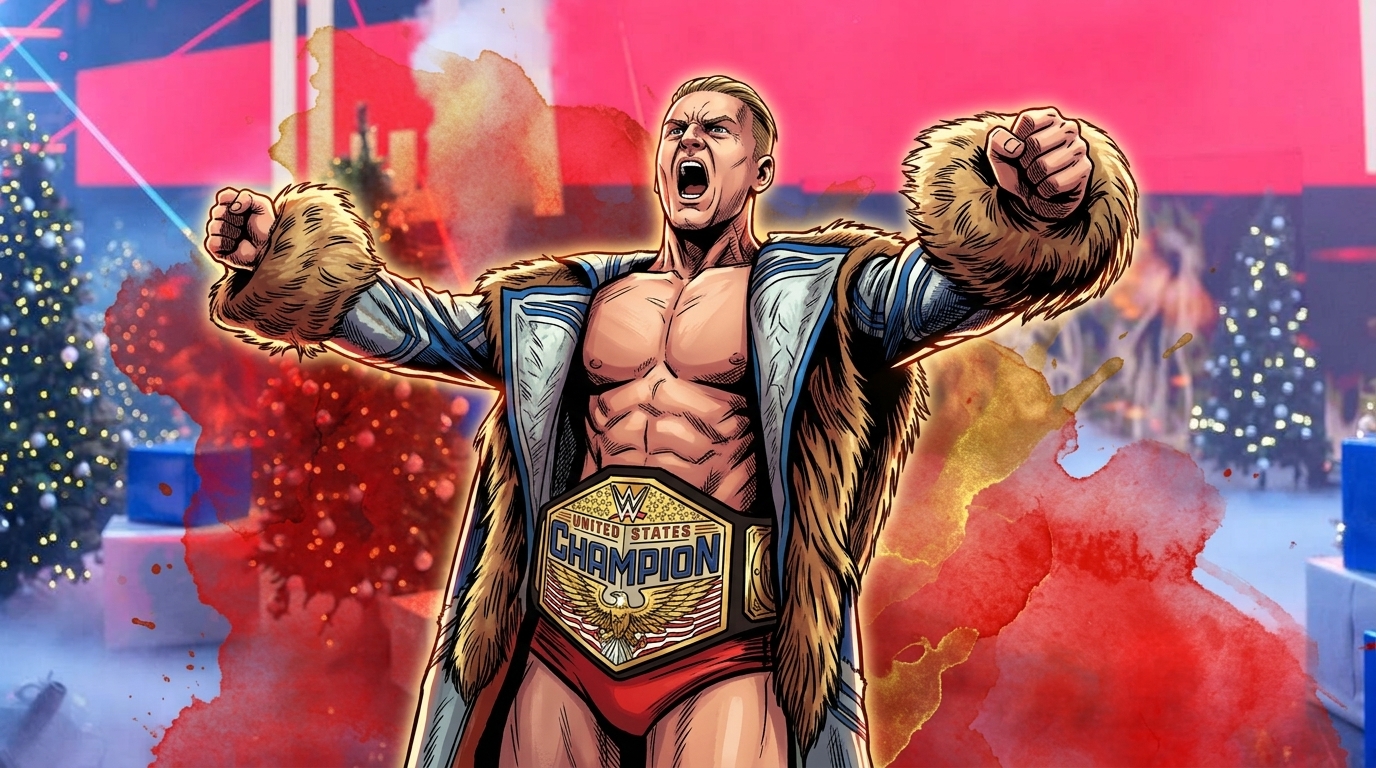 Comic-style illustration of Ilja Dragunov screaming with both fists raised, wearing the WWE United States Championship belt and a fur-trimmed robe, in front of a red-tinted arena backdrop with Christmas trees and gift boxes.