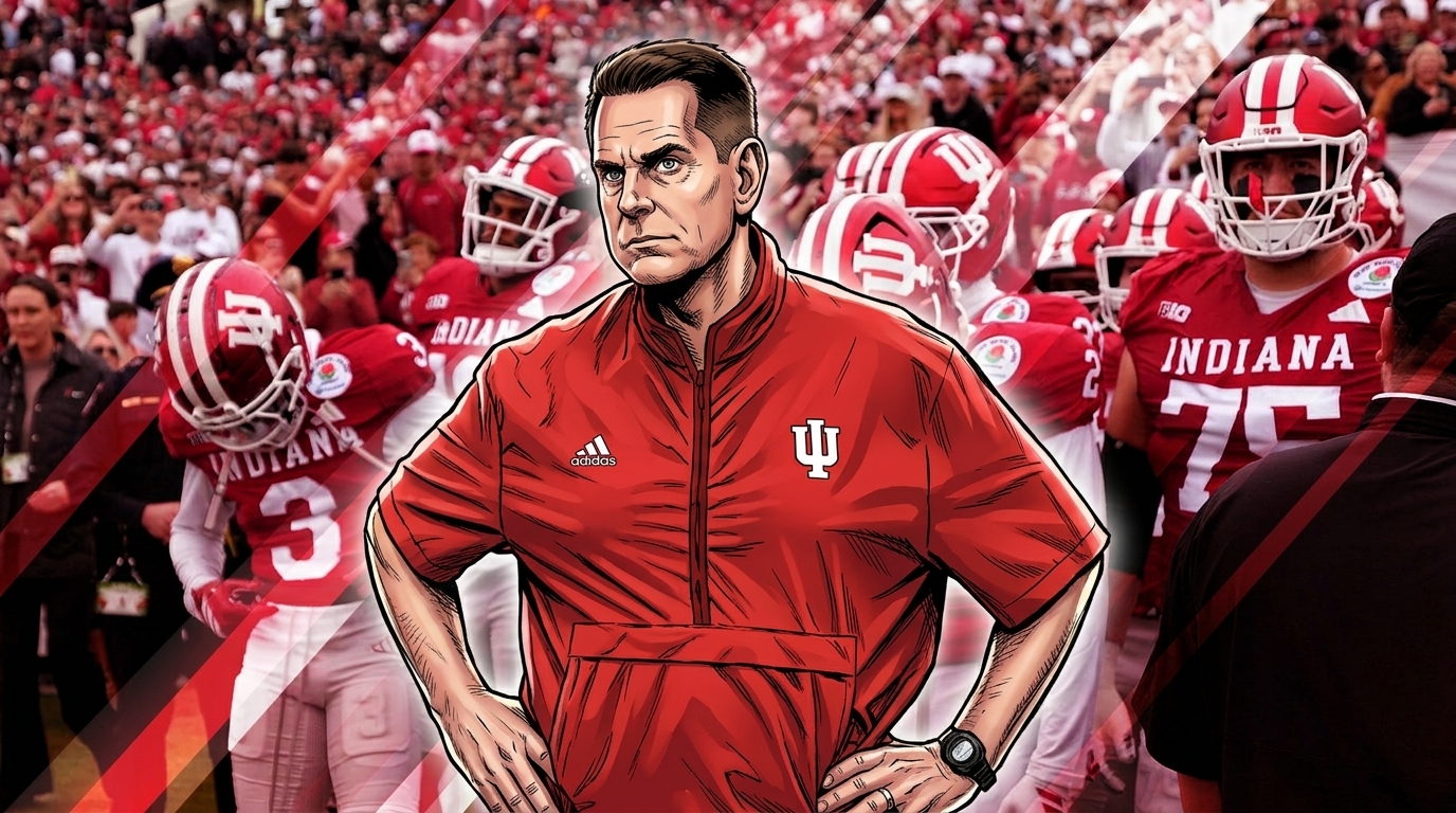 Comic-style illustration of Indiana head coach Curt Cignetti on the sideline in a red IU jacket with players and crowd behind him, geometric light-streak effect