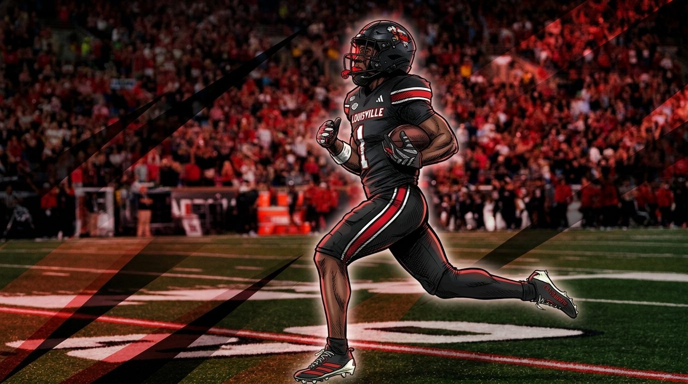 Comic-style illustration of Louisville running back Isaac Brown in a black 'For The Ville' jersey, sprinting with the ball past a blurred stadium crowd, red geometric light-streak effects crossing the background.