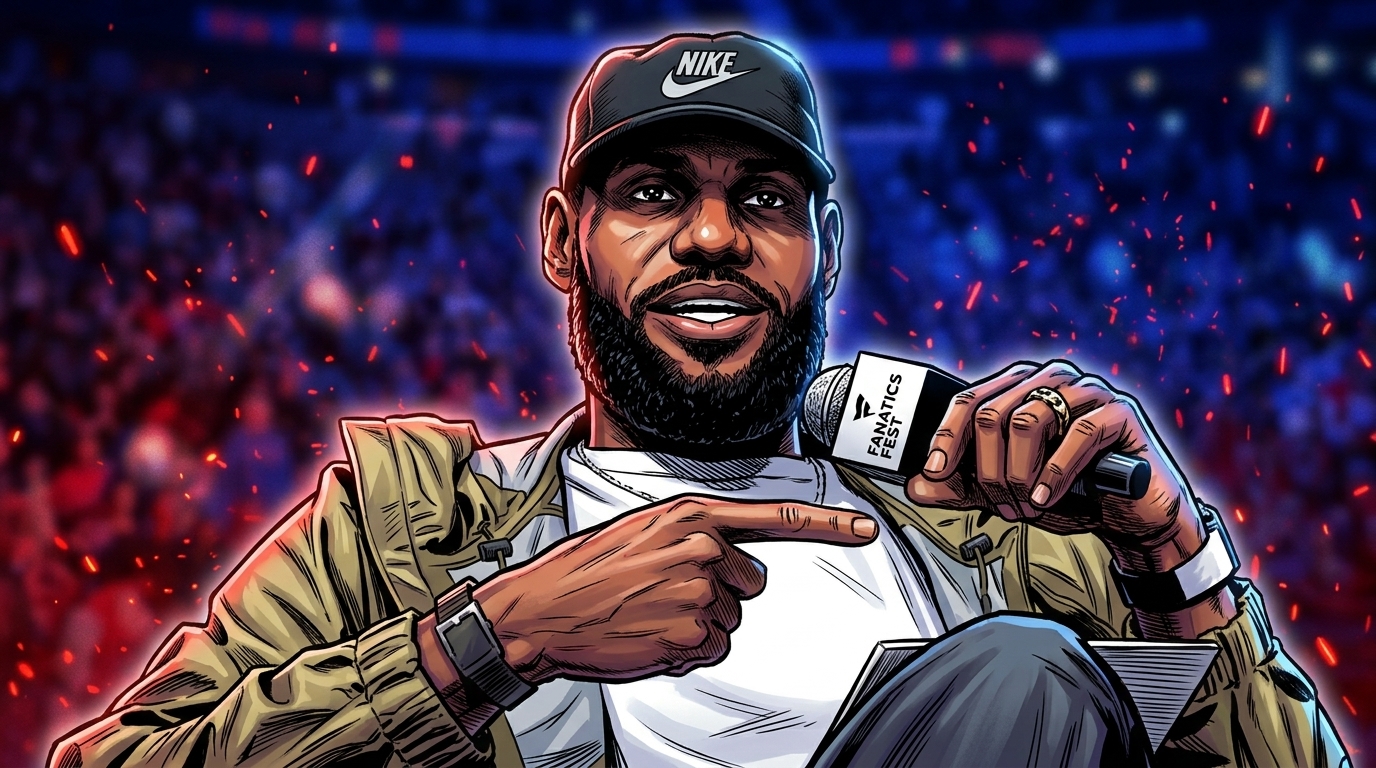 LeBron James at Fanatics Fest pointing while holding a microphone, comic-style illustration with red ember effects — Swipe Sports