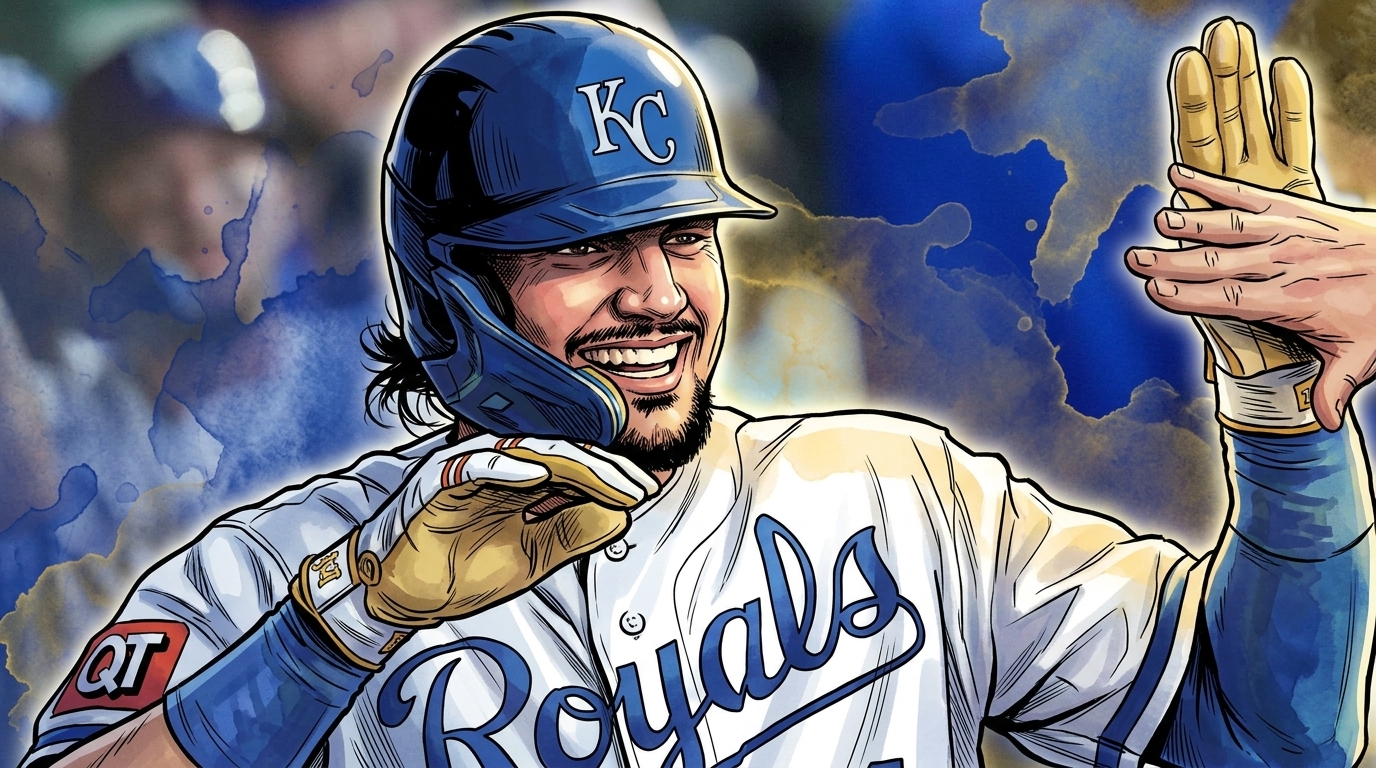 Comic-style illustration of Kansas City Royals slugger Jac Caglianone celebrating in the dugout after his 438-foot home run