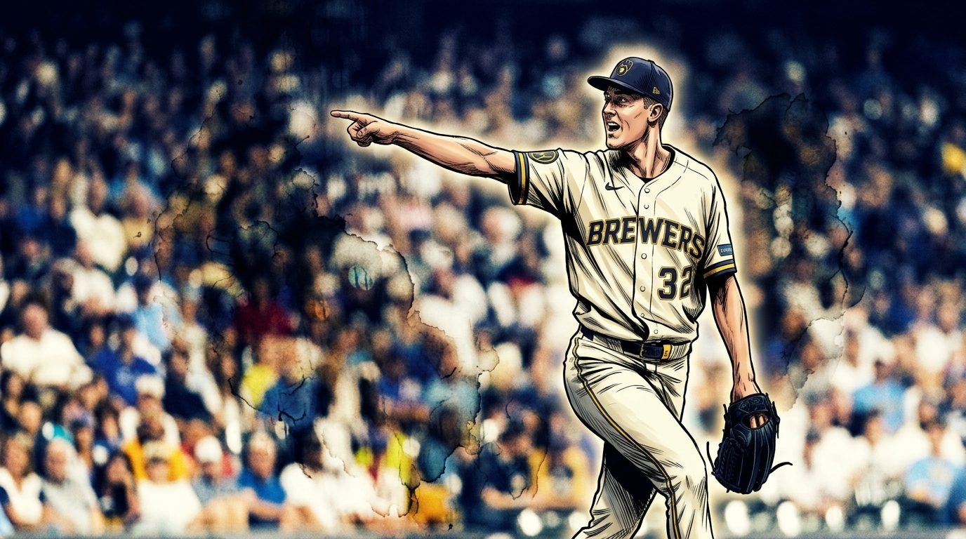 Comic-style illustration of Jacob Misiorowski pointing and shouting in his Brewers uniform after a pitch, blurred stadium crowd behind him