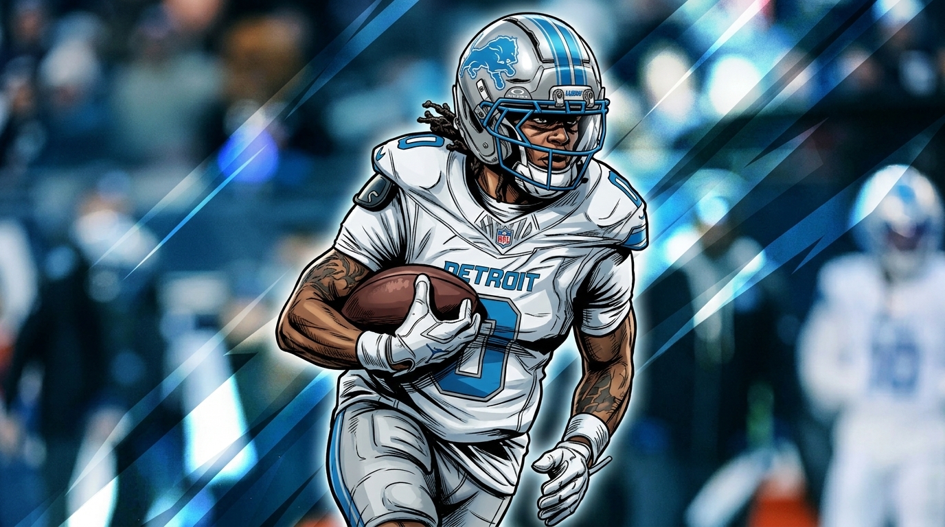 Comic-style illustration of Detroit Lions running back Jahmyr Gibbs in white away jersey carrying the ball, blue geometric light-streak effect over a stadium background