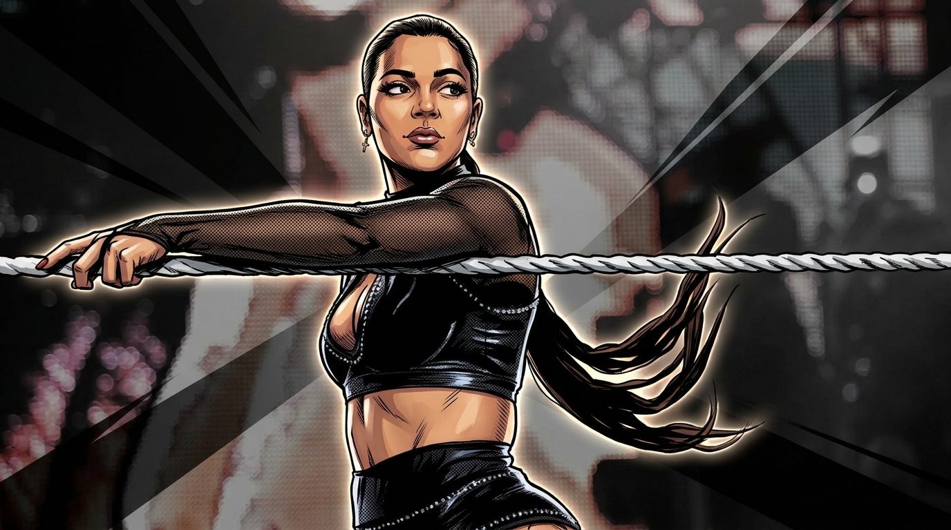 Comic-style illustration of Jaida Parker in black ring gear gripping the top rope, geometric light streak effect against a desaturated WWE arena background