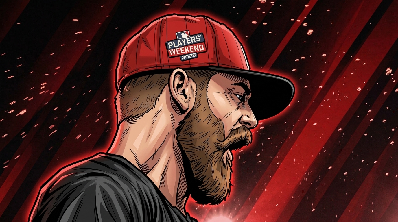 Comic-style illustration of Jake Rogers in profile wearing a red MLB Players' Weekend cap and black shirt, red and black geometric light-streak effect in the background
