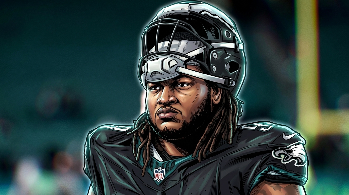 Comic-style illustration of Jalen Carter in Eagles black alternate jersey and helmet with chromatic dispersion effect, blurred stadium background