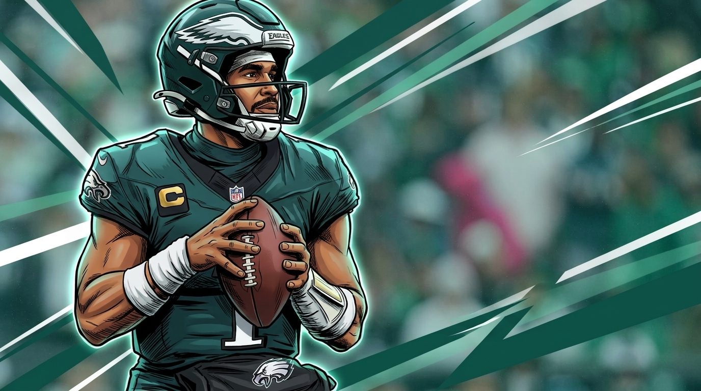 Comic-style illustration of Eagles quarterback Jalen Hurts dropping back to pass